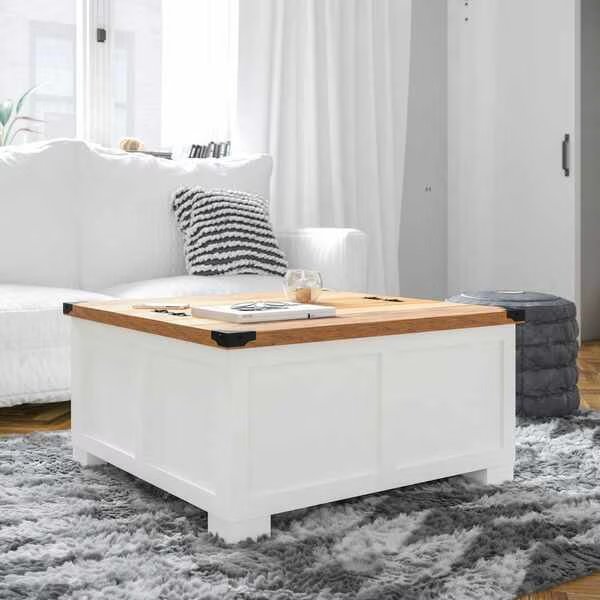 Wyatt 35.75in Farmhouse Storage Coffee Table, Hinged Lift Top, Hidden Storage, White/Rustic Oak, Flash Furniture, Mfr#: ZG-ZP-030-WT-GG