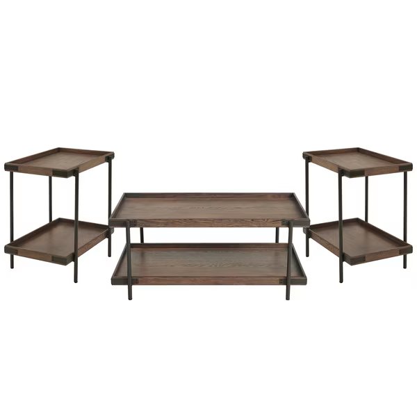 Kyra 3-Piece Oak and Metal Living Room Set with Two 27" Side Tables and 42"L Coffee Table, Alaterre Furniture, Mfr#: ANKY01111RBG