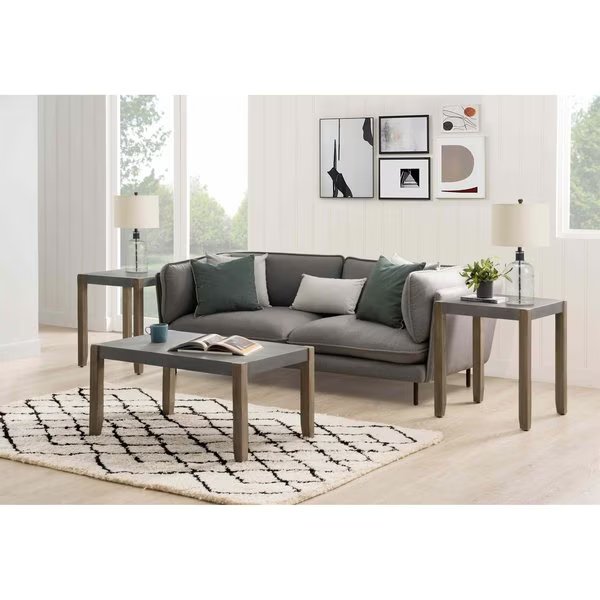Newport 3-Piece Faux Concrete and Wood 36"L Coffee Table with Two 21" Square End Tables, Alaterre Furniture, Mfr#: ANNP0111371