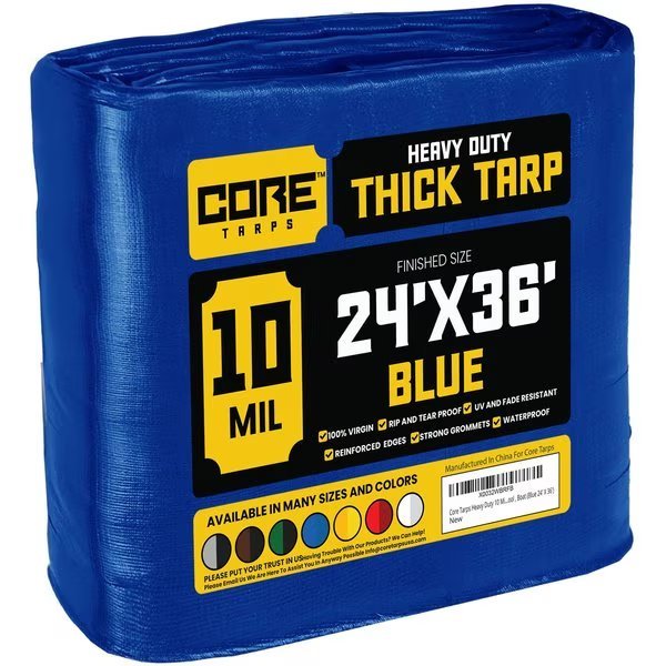36 ft L x 0.5 mm H x 24 ft W Heavy Duty 10 Mil Tarp, Blue, Polyethylene, Core Tarps, Mfr#: CT-605-24X36