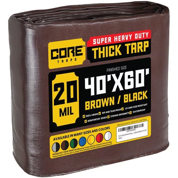60 ft L x 0.5 mm H x 40 ft W Heavy Duty 20 Mil Tarp, Brown/Black, Polyethylene, Core Tarps, Mfr#: CT-702-40X60
