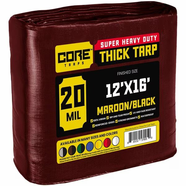 12 ft x 16 ft Heavy Duty 20 Mil Tarp, Maroon, Polyethylene, Core Tarps, Mfr#: CT-707-12X16