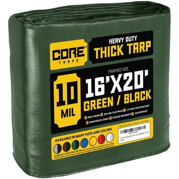 20 ft L x 0.5 mm H x 16 ft W Heavy Duty 10 Mil Tarp, Green/Black, Polyethylene, Core Tarps, Mfr#: CT-603-16X20