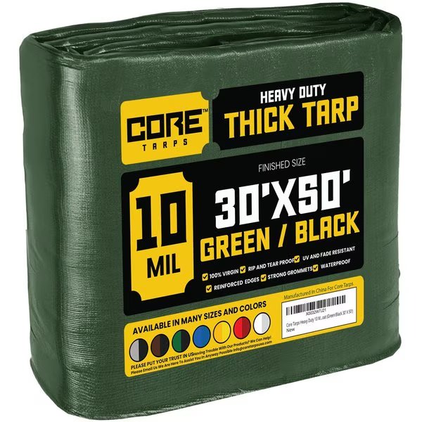 50 ft L x 0.5 mm H x 30 ft W Heavy Duty 10 Mil Tarp, Green/Black, Polyethylene, Core Tarps, Mfr#: CT-603-30X50