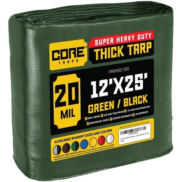 25 ft L x 0.5 mm H x 12 ft W Heavy Duty 20 Mil Tarp, Green/Black, Polyethylene, Core Tarps, Mfr#: CT-703-12X25