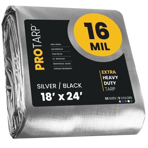 18 ft x 24 ft Heavy Duty 16 Mil Tarp, Silver/Black, Polyethylene, Waterproof, Rip and Tear Proof, Protarp, Mfr#: PT-101-18X24