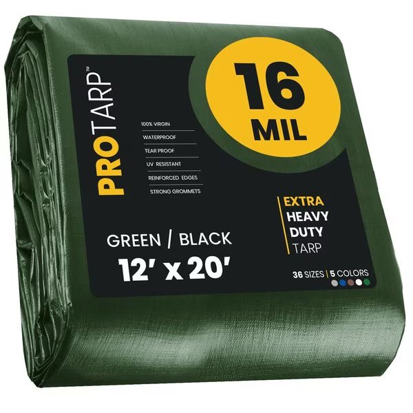 12 ft x 20 ft Heavy Duty 16 Mil Tarp, Green/Black, Polyethylene, Protarp, Mfr#: PT-103-12X20