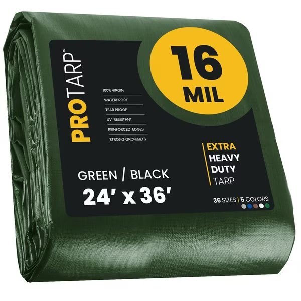 24 ft x 36 ft Heavy Duty 16 Mil Tarp, Green/Black, Polyethylene, Protarp, Mfr#: PT-103-24X36