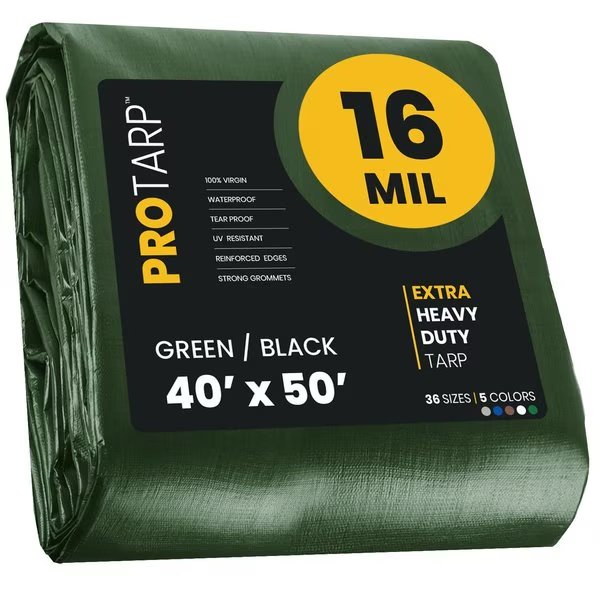 40 ft x 50 ft Heavy Duty 16 Mil Tarp, Green/Black, Polyethylene, Protarp, Mfr#: PT-103-40X50