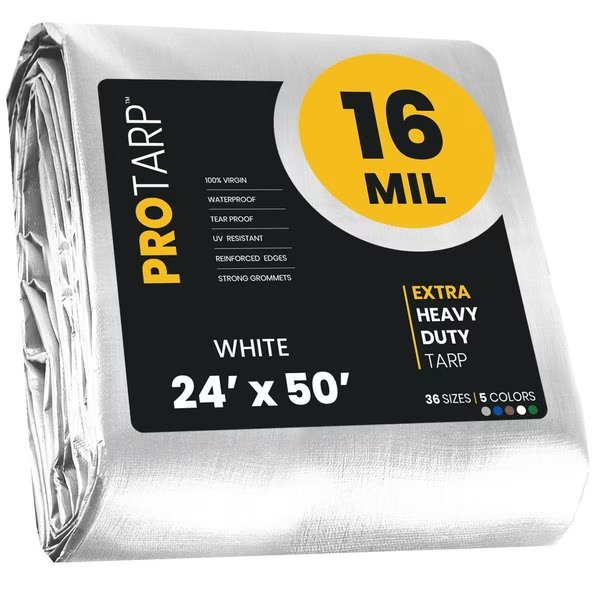 24 ft x 50 ft Heavy Duty 16 Mil Tarp, White, Polyethylene, Waterproof, Rip and Tear Proof, Protarp, Mfr#: PT-104-24X50