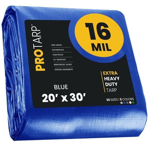 20 ft x 30 ft Heavy Duty 16 Mil Tarp, Blue, Polyethylene, Waterproof, Rip and Tear Proof, Protarp, Mfr#: PT-105-20X30