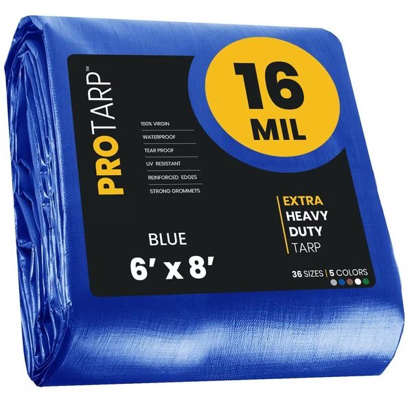 6 ft x 8 ft Heavy Duty 16 Mil Tarp, Blue, Polyethylene, Waterproof, Rip and Tear Proof, Protarp, Mfr#: PT-105-6X8