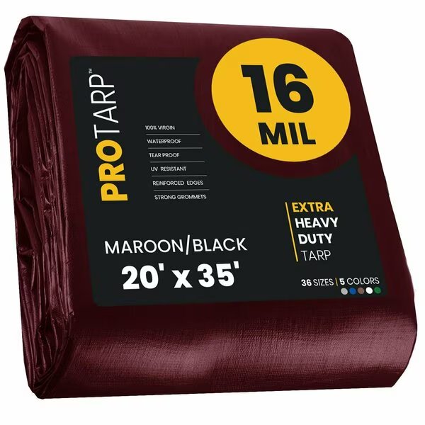 20 ft x 35 ft Heavy Duty 16 Mil Tarp, Maroon, Polyethylene, Protarp, Mfr#: PT-107-20X35