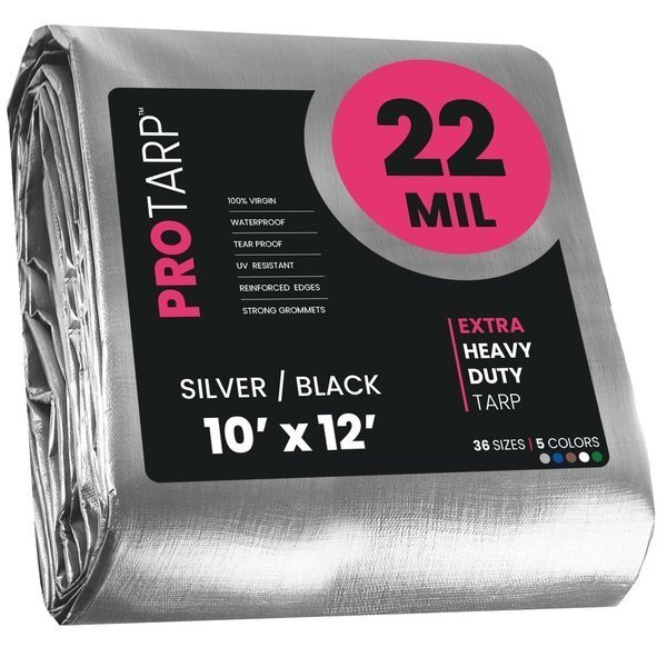 10 ft x 12 ft Heavy Duty 22 Mil Tarp, Silver/Black, Polyethylene, Waterproof, Rip and Tear Proof, Protarp, Mfr#: PT-201-10X12