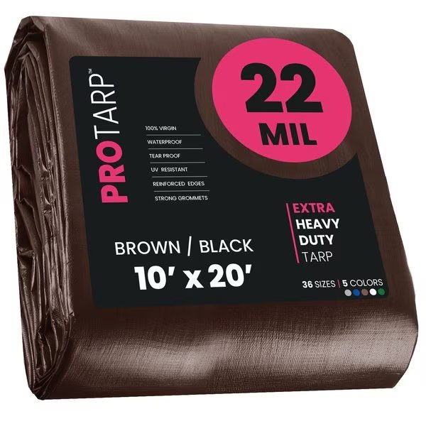 10 ft x 20 ft Heavy Duty 22 Mil Tarp, Brown/Black, Polyethylene, Waterproof, Rip and Tear Proof, Protarp, Mfr#: PT-202-10X20