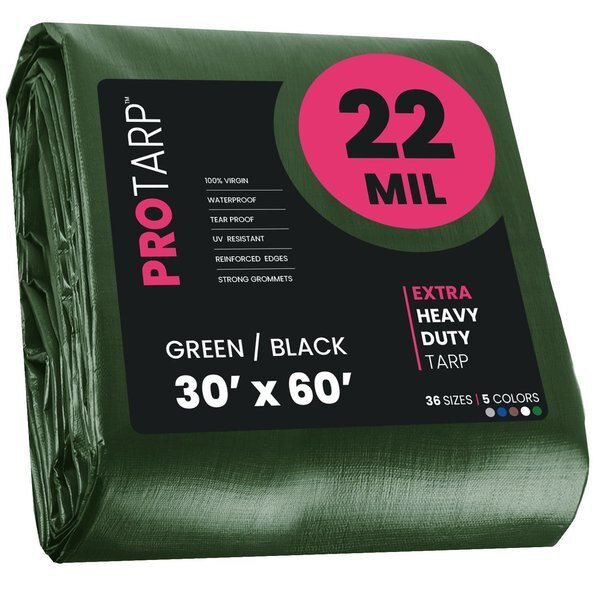 30 ft x 60 ft Heavy Duty 22 Mil Tarp, Green/Black, Polyethylene, Protarp, Mfr#: PT-203-30X60