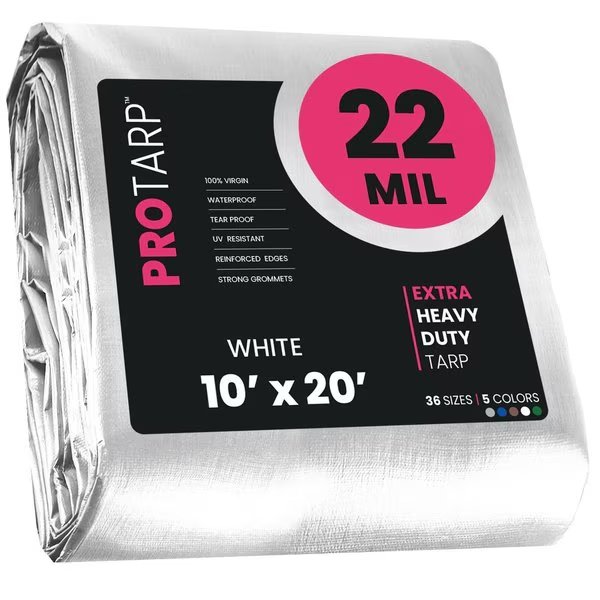 10 ft x 20 ft Heavy Duty 22 Mil Tarp, White, Polyethylene, Waterproof, Rip and Tear Proof, Protarp, Mfr#: PT-204-10X20