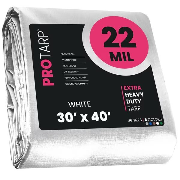 30 ft x 40 ft Heavy Duty 22 Mil Tarp, White, Polyethylene, Waterproof, Rip and Tear Proof, Protarp, Mfr#: PT-204-30X40