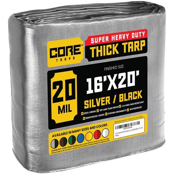 20 ft L x 0.5 mm H x 16 ft W Heavy Duty 20 Mil Tarp, Silver/Black, Polyethylene, Core Tarps, Mfr#: CT-701-16X20