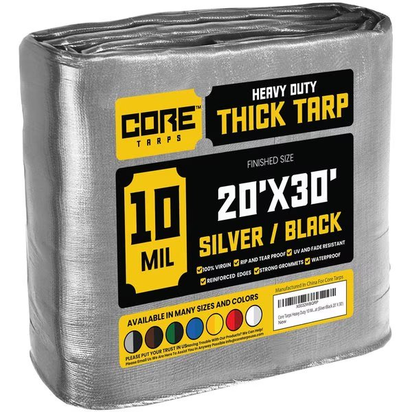 30 ft x 0.5 mm H x 20 ft W Heavy Duty 10 Mil Tarp, Silver/Black, Polyethylene, Core Tarps, Mfr#: CT-601-20X30