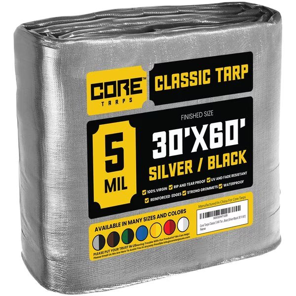 60 ft L x 0.5 mm H x 30 ft W Heavy Duty 5 Mil Tarp, Silver/Black, Polyethylene, Core Tarps, Mfr#: CT-501-30X60