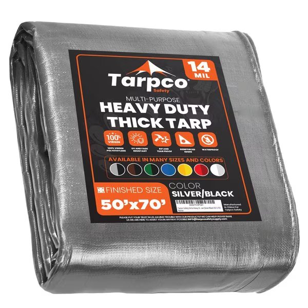 70 ft L x 0.5 mm H x 50 ft W Heavy Duty 14 Mil Tarp, Silver/Black, Polyethylene, Tarpco Safety, Mfr#: TS-101-50X70