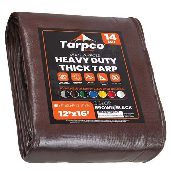 16 ft L x 0.5 mm H x 12 ft W Heavy Duty 14 Mil Tarp, Brown/Black, Polyethylene, Tarpco Safety, Mfr#: TS-102-12X16