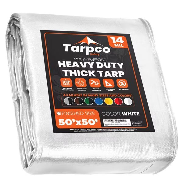 50 ft L x 0.5 mm H x 50 ft W Heavy Duty 14 Mil Tarp, White, Polyethylene, Tarpco Safety, Mfr#: TS-104-50X50