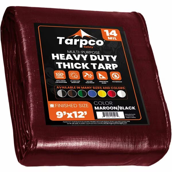 9 ft x 12 ft Heavy Duty 14 Mil Tarp, Maroon, Polyethylene, Waterproof, Rip and Tear Proof, Tarpco Safety, Mfr#: TS-107-9X12