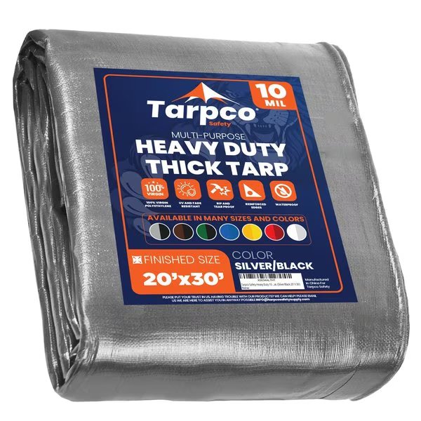 30 ft x 0.5 mm H x 20 ft W Heavy Duty 10 Mil Tarp, Silver/Black, Polyethylene, Tarpco Safety, Mfr#: TS-151-20X30