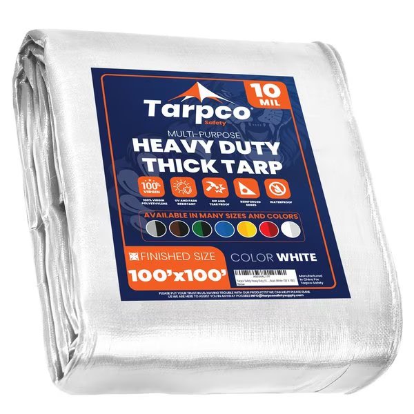 100 ft L x 0.5 mm H x 100 ft W Heavy Duty 10 Mil Tarp, White, Polyethylene, Tarpco Safety, Mfr#: TS-154-100X100