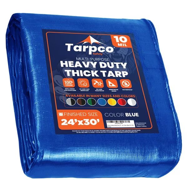 30 ft x 0.5 mm H x 24 ft W Heavy Duty 10 Mil Tarp, Blue, Polyethylene, Tarpco Safety, Mfr#: TS-155-24X30