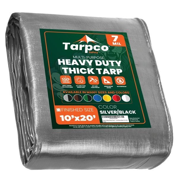 20 ft L x 0.5 mm H x 10 ft W Heavy Duty 7 Mil Tarp, Silver/Black, Polyethylene, Tarpco Safety, Mfr#: TS-201-10X20