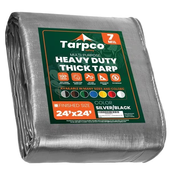 24 ft L x 0.5 mm H x 24 ft W Heavy Duty 7 Mil Tarp, Silver/Black, Polyethylene, Tarpco Safety, Mfr#: TS-201-24X24