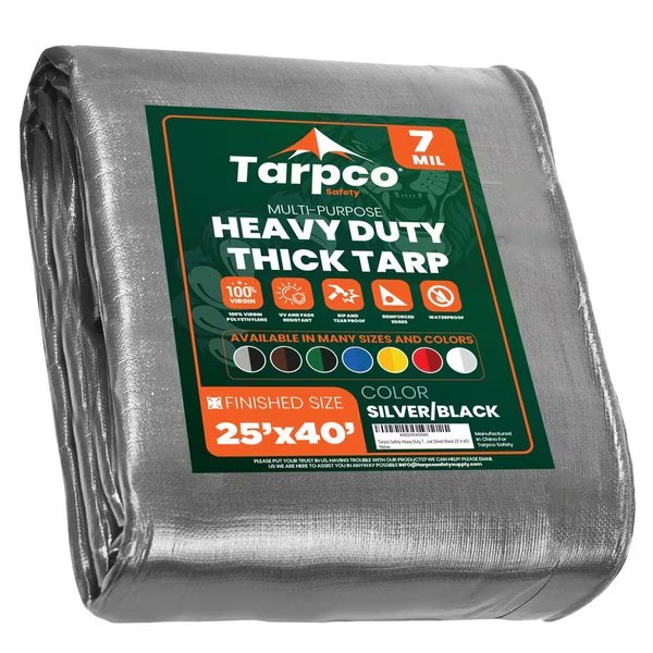 40 ft L x 0.5 mm H x 25 ft W Heavy Duty 7 Mil Tarp, Silver/Black, Polyethylene, Tarpco Safety, Mfr#: TS-201-25X40
