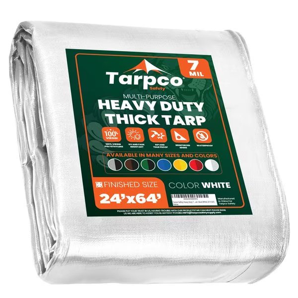 64 ft L x 0.5 mm H x 24 ft W Heavy Duty 7 Mil Tarp, White, Polyethylene, Tarpco Safety, Mfr#: TS-204-24X64