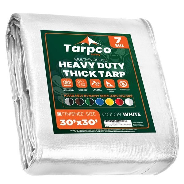 30 ft x 0.5 mm H x 30 ft W Heavy Duty 7 Mil Tarp, White, Polyethylene, Tarpco Safety, Mfr#: TS-204-30X30