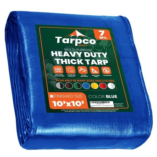 10 ft L x 0.5 mm H x 10 ft W Heavy Duty 7 Mil Tarp, Blue, Polyethylene, Tarpco Safety, Mfr#: TS-205-10X10