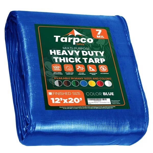 20 ft L x 0.5 mm H x 12 ft W Heavy Duty 7 Mil Tarp, Blue, Polyethylene, Tarpco Safety, Mfr#: TS-205-12X20