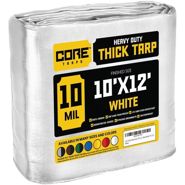 12 ft L x 0.5 mm H x 10 ft W Heavy Duty 10 Mil Tarp, White, Polyethylene, Core Tarps, Mfr#: CT-604-10X12