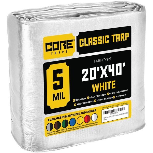 40 ft L x 0.5 mm H x 20 ft W Heavy Duty 5 Mil Tarp, White, Polyethylene, Core Tarps, Mfr#: CT-504-20X40