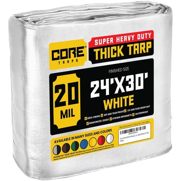 30 ft x 0.5 mm H x 24 ft W Heavy Duty 20 Mil Tarp, White, Polyethylene, Core Tarps, Mfr#: CT-704-24X30
