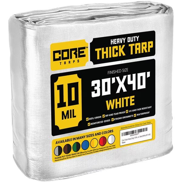 40 ft L x 0.5 mm H x 30 ft W Heavy Duty 10 Mil Tarp, White, Polyethylene, Core Tarps, Mfr#: CT-604-30X40