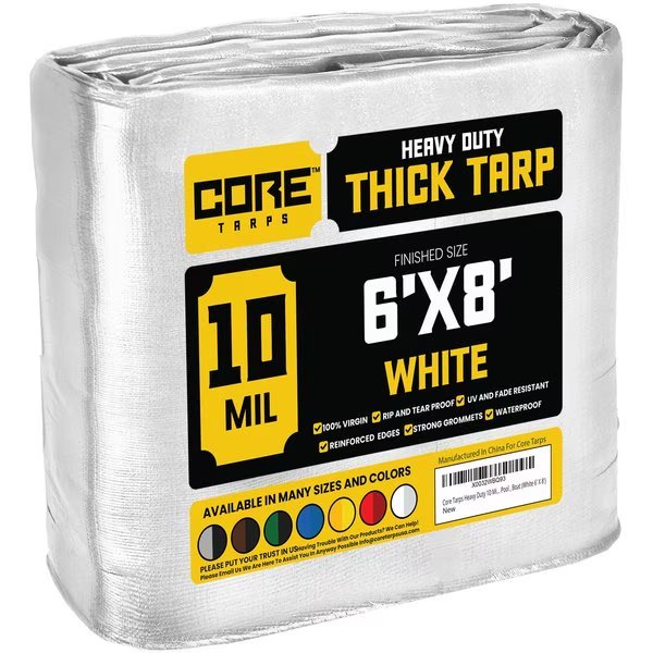 8 ft L x 0.5 mm H x 6 ft W Heavy Duty 10 Mil Tarp, White, Polyethylene, Core Tarps, Mfr#: CT-604-6X8