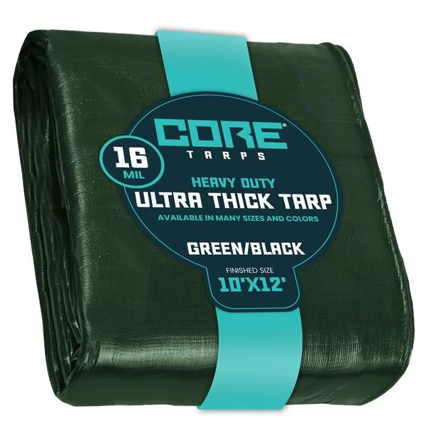 12 ft L x 0.5 mm H x 10 ft W Heavy Duty 16 Mil Tarp, Green/Black, Polyethylene, Core Tarps, Mfr#: CT-303-10X12