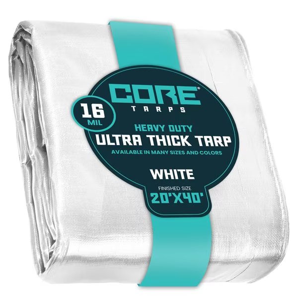40 ft L x 0.5 mm H x 20 ft W Heavy Duty 16 Mil Tarp, White, Polyethylene, Core Tarps, Mfr#: CT-304-20X40