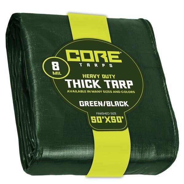 50 ft L x 0.5 mm H x 50 ft W Heavy Duty 8 Mil Tarp, Green/Black, Polyethylene, Core Tarps, Mfr#: CT-403-50X50
