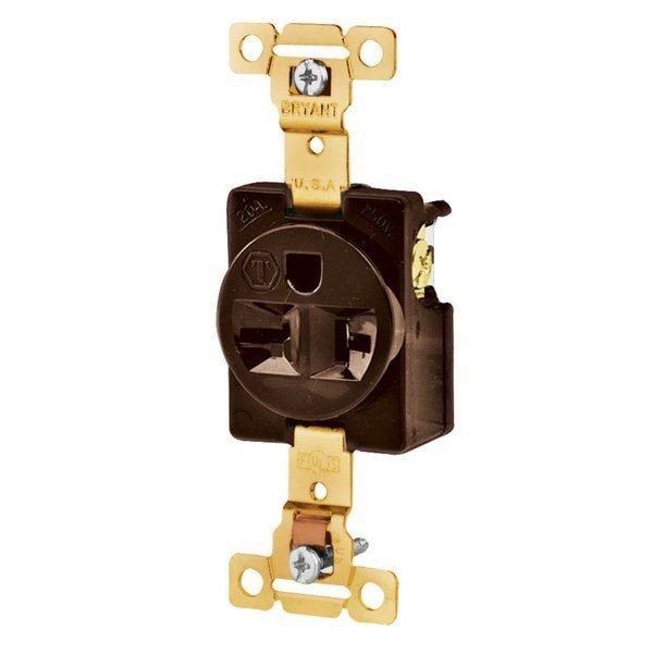 Straight Blade Devices, Receptacles, Single, 2-Pole 3-Wire Grounding, 20A 250V, 6-20R, Brown, Bryant, Mfr#: 5461