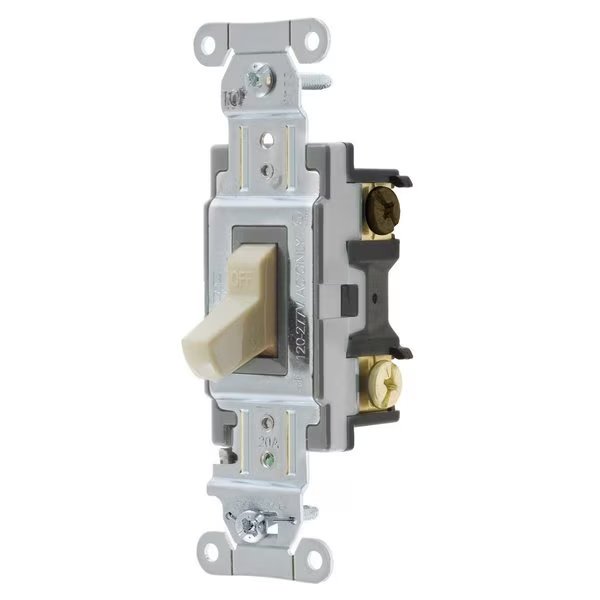 Toggle Switch, General Purpose AC, Three Way, 20A 120/277V AC, Side Wired Only, Ivory, Bryant, Mfr#: CS320BI