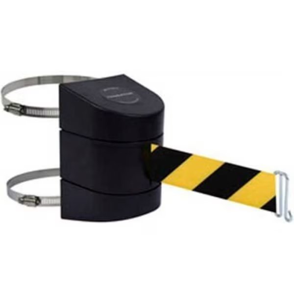 Tensabarrier Warehouse Retractable Belt Barrier, Clamp Mount, Black Case W/24' Blk/Ylw Belt, Lawrence Metal Prod., Mfr#: 897-24-C-33-NO-D4X-A